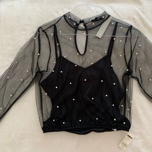 Elegant Black Sheer Pearl-Embellished Top